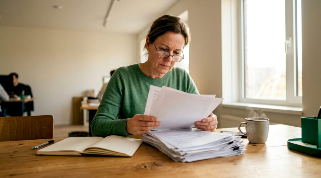 Thuis neemt een vrouw rustig de tijd om eerlijke reviews door te lezen.
